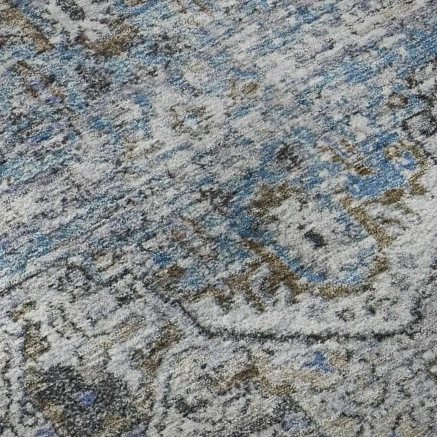 Linen And Blue Oriental Washable Area Rug With UV Protection Photo 8