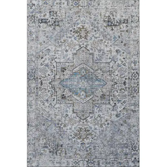 Linen And Blue Oriental Washable Area Rug With UV Protection Photo 2