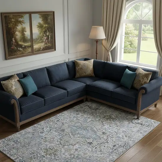 Linen And Blue Oriental Washable Area Rug With UV Protection Photo 2