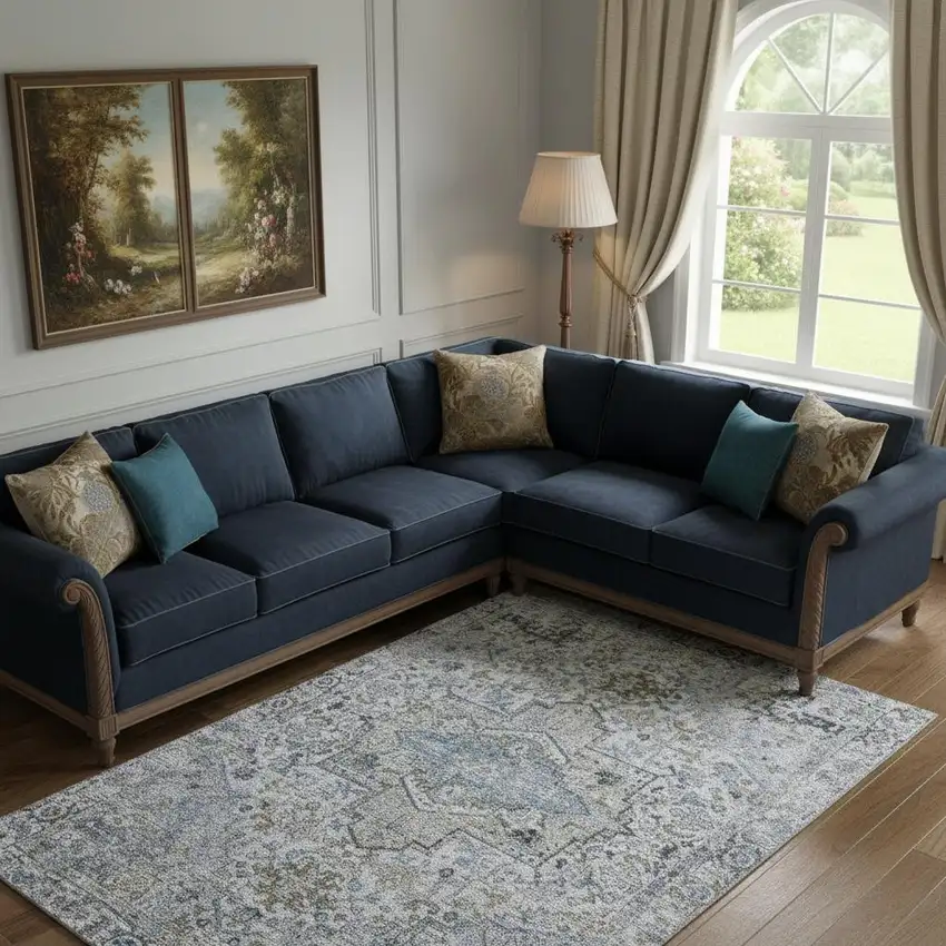 Linen And Blue Oriental Washable Area Rug With UV Protection Photo 2