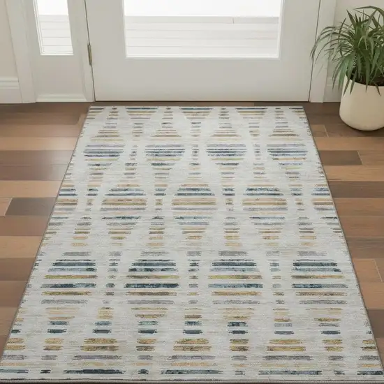 Linen And Blue Striped Washable Area Rug With UV Protection Photo 2