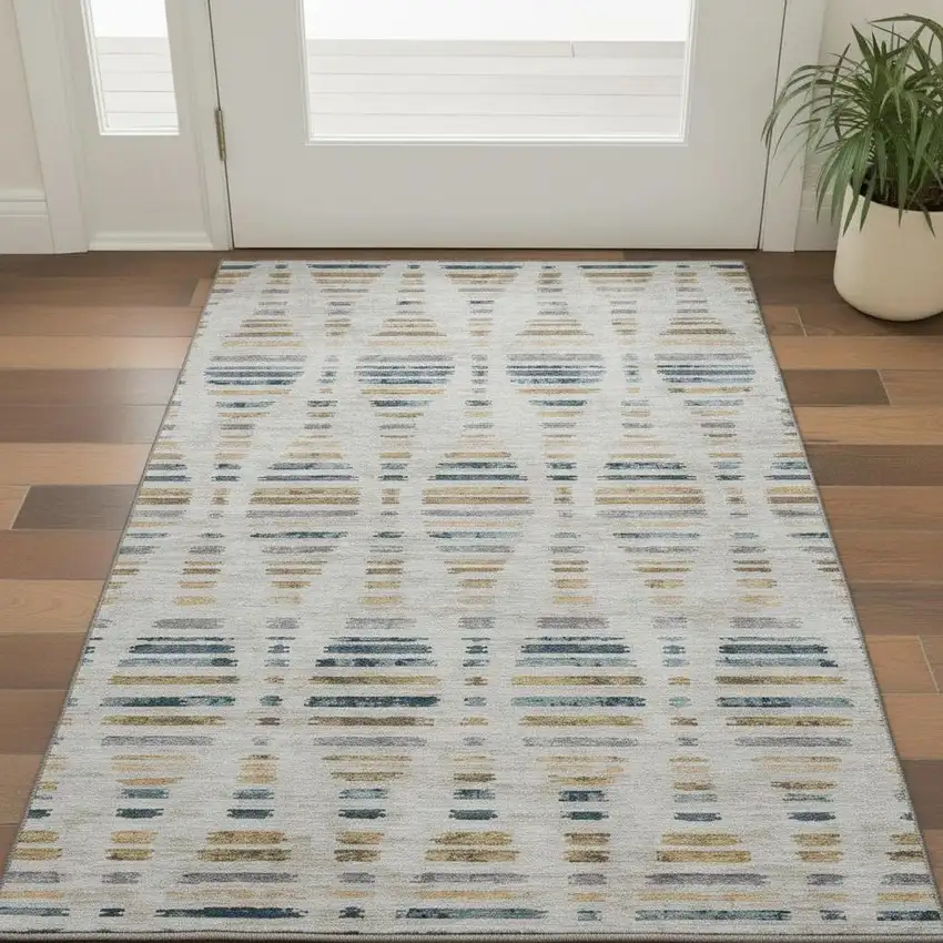 Linen And Blue Striped Washable Area Rug With UV Protection Photo 2