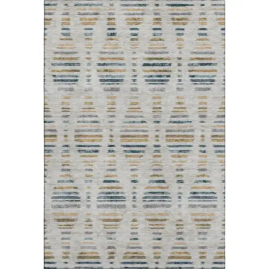 Linen And Blue Striped Washable Area Rug With UV Protection Photo 1