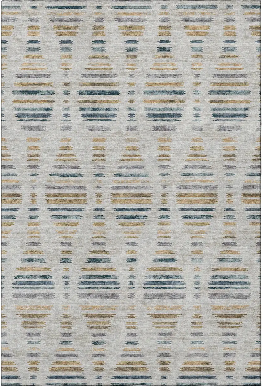 Linen And Blue Striped Washable Area Rug With UV Protection Photo 4