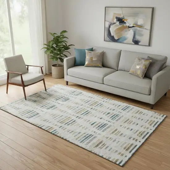 Linen And Blue Striped Washable Area Rug With UV Protection Photo 2