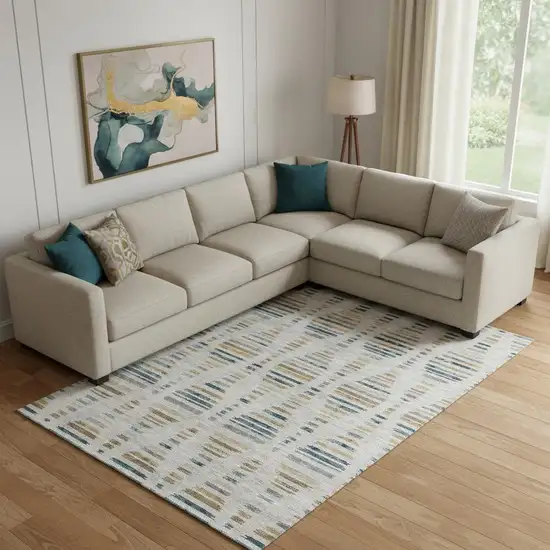 Linen And Blue Striped Washable Area Rug With UV Protection Photo 2