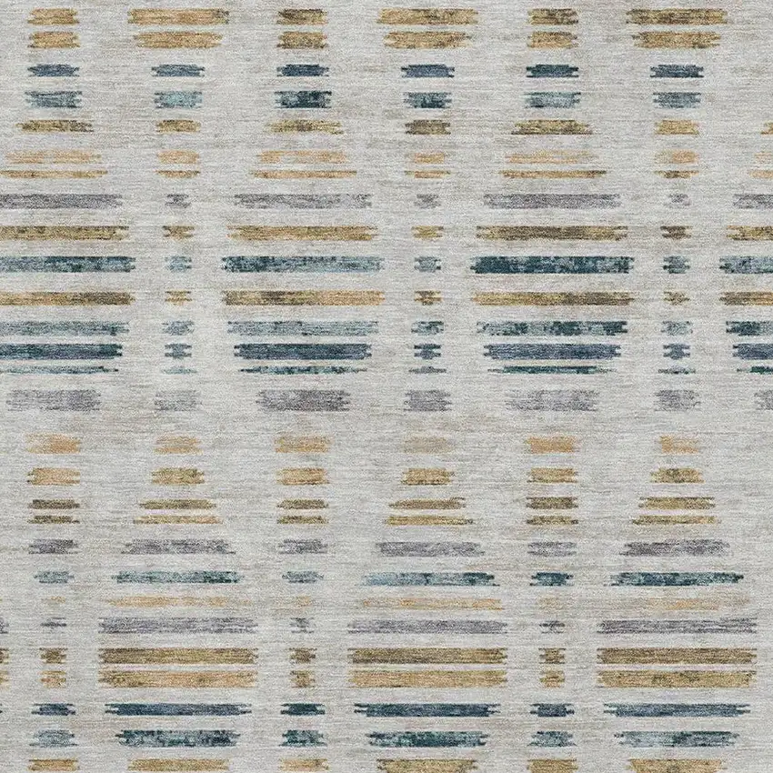 Linen And Blue Striped Washable Area Rug With UV Protection Photo 3