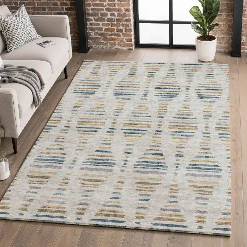 Linen And Blue Striped Washable Area Rug With UV Protection Photo 5