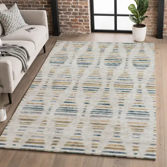 Linen And Blue Striped Washable Area Rug With UV Protection Photo 5