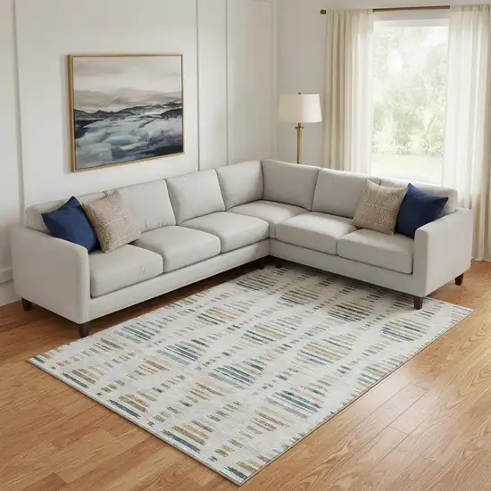 Linen And Blue Striped Washable Area Rug With UV Protection Photo 2