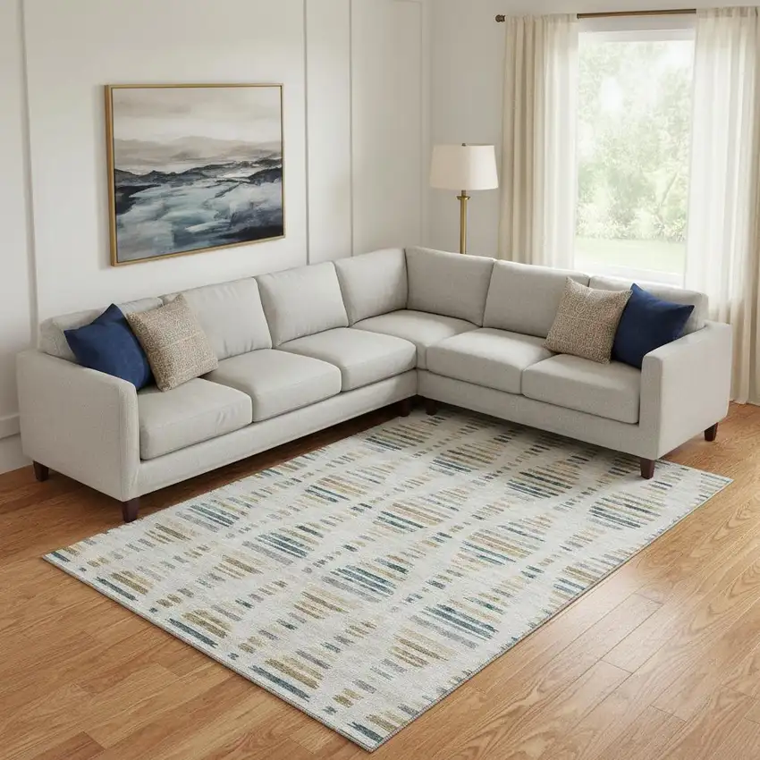 Linen And Blue Striped Washable Area Rug With UV Protection Photo 2