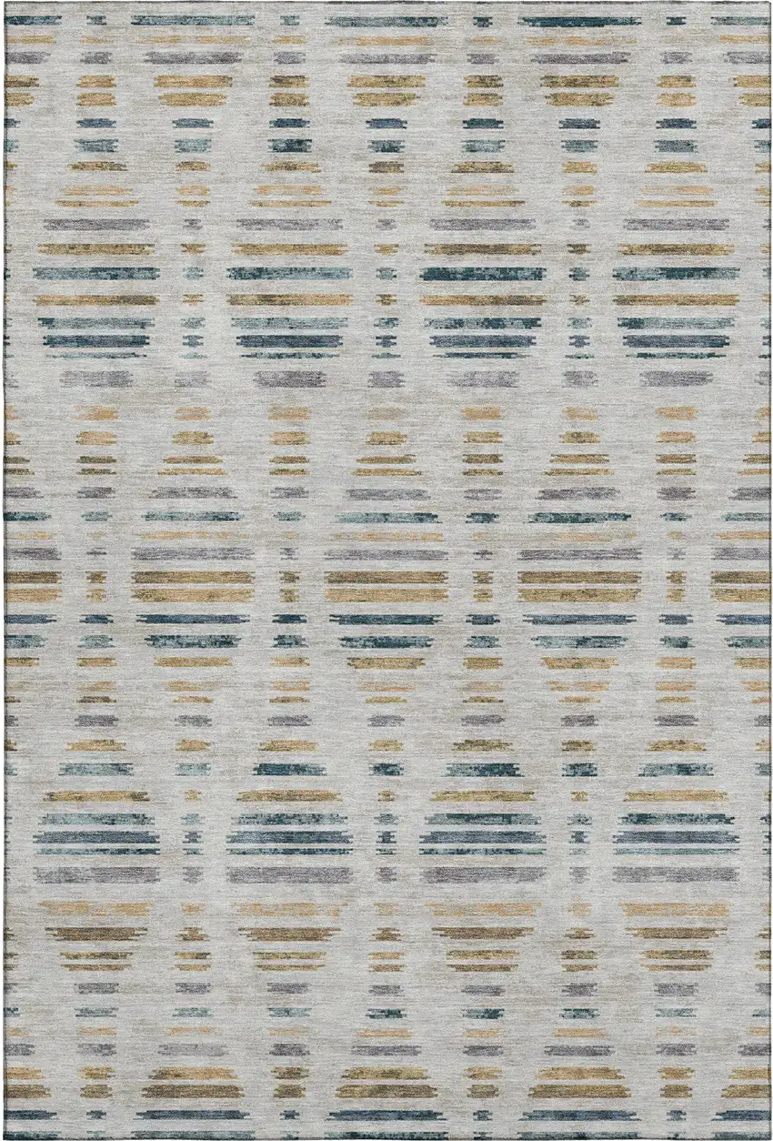 Linen And Blue Striped Washable Area Rug With UV Protection Photo 1