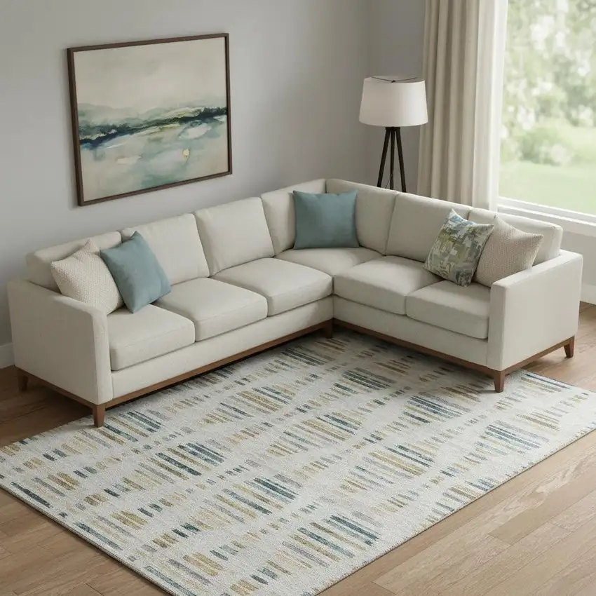 Linen And Blue Striped Washable Area Rug With UV Protection Photo 2