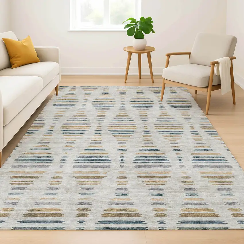 Linen And Blue Striped Washable Area Rug With UV Protection Photo 6
