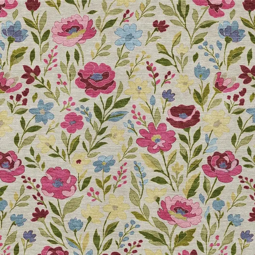 Linen And Blush Floral Washable Indoor Outdoor Area Rug Photo 2