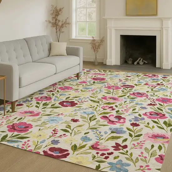 Linen And Blush Floral Washable Indoor Outdoor Area Rug Photo 6