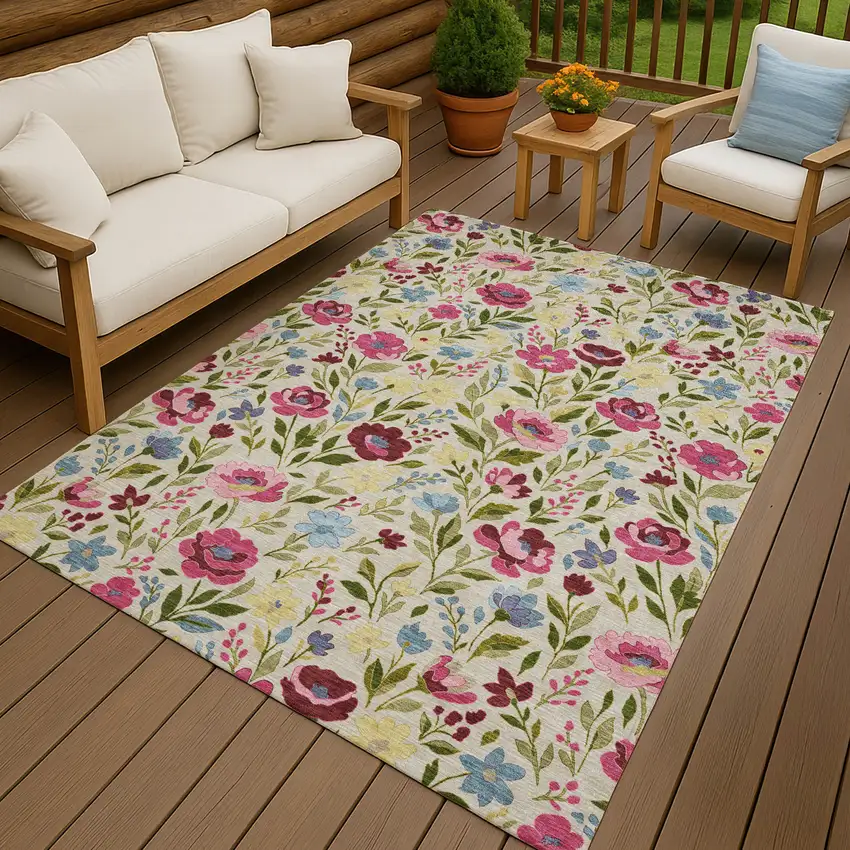 Linen And Blush Floral Washable Indoor Outdoor Area Rug Photo 4