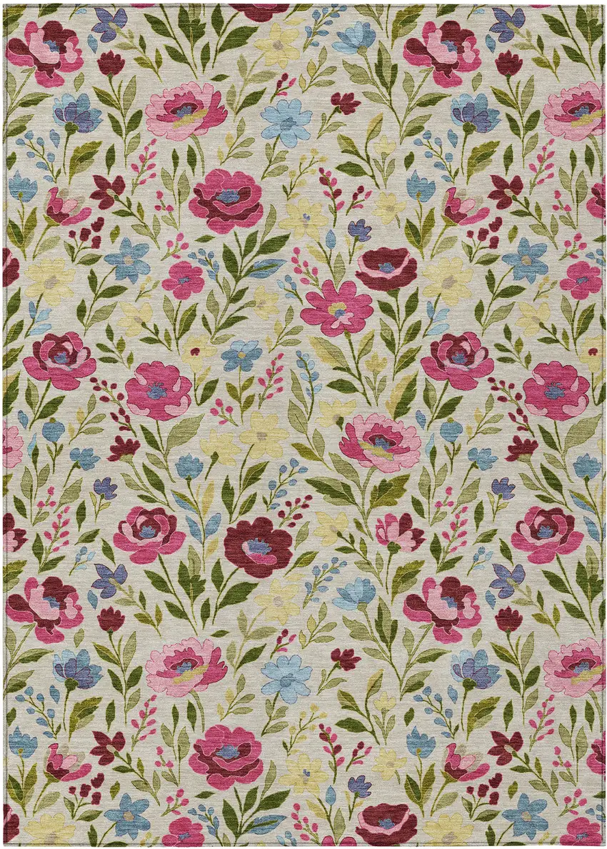 Linen And Blush Floral Washable Indoor Outdoor Area Rug Photo 1