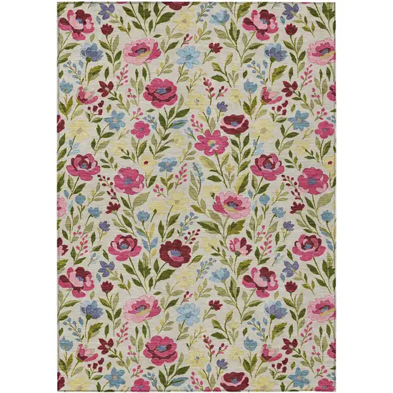 Linen And Blush Floral Washable Indoor Outdoor Area Rug Photo 1