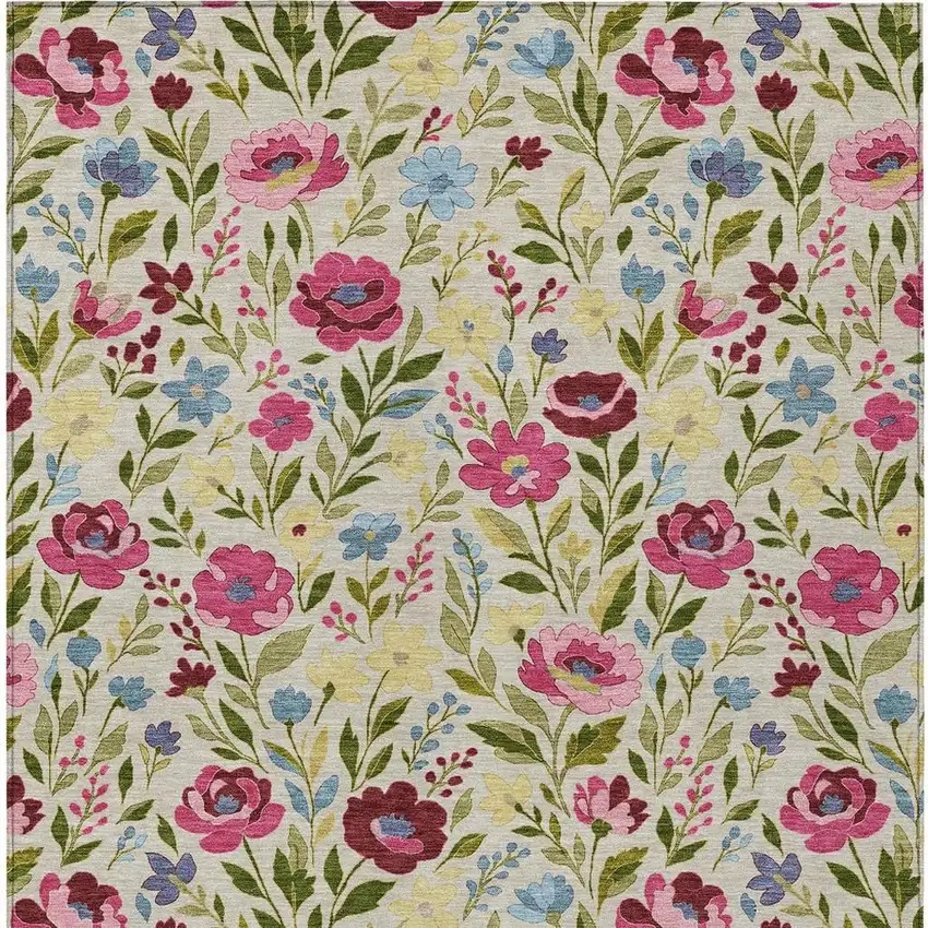 Linen And Blush Floral Washable Indoor Outdoor Area Rug Photo 3