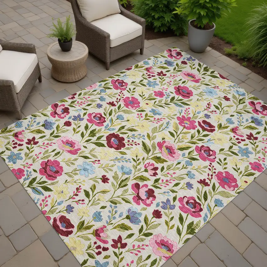 Linen And Blush Floral Washable Indoor Outdoor Area Rug Photo 7