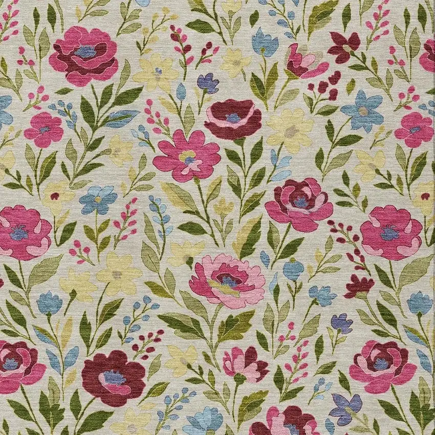 Linen And Blush Floral Washable Indoor Outdoor Area Rug Photo 2