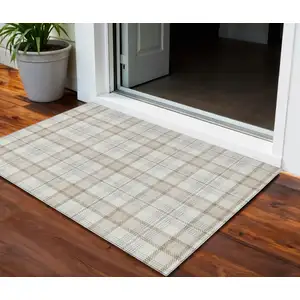 Photo of Linen And Brown Plaid Washable Indoor Outdoor Area Rug
