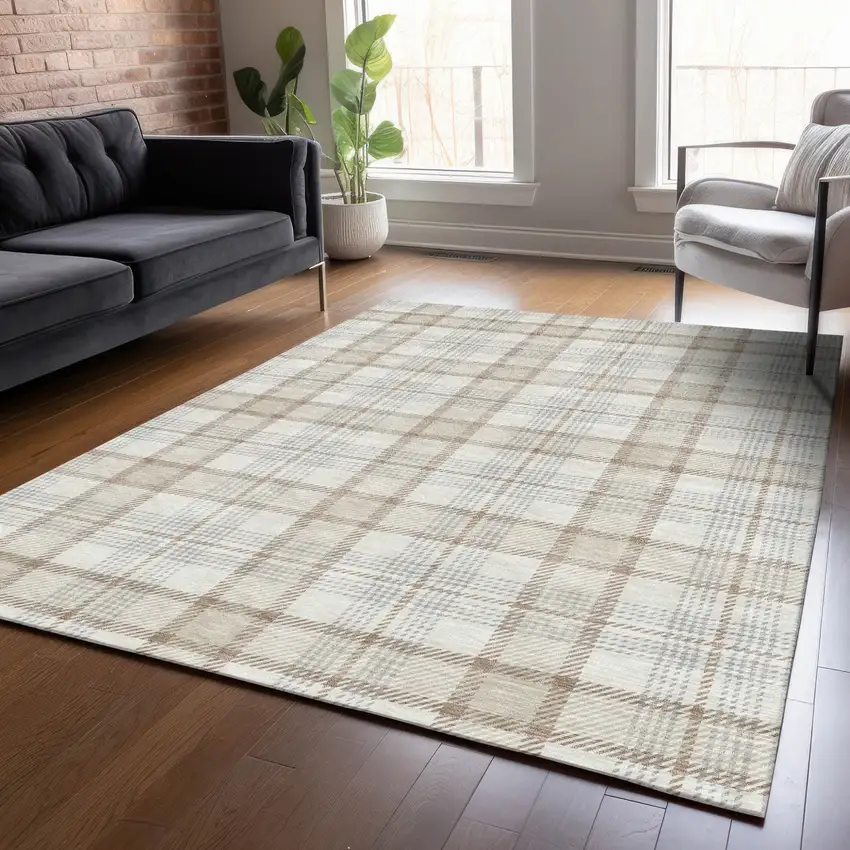 Linen And Brown Plaid Washable Indoor Outdoor Area Rug Photo 8
