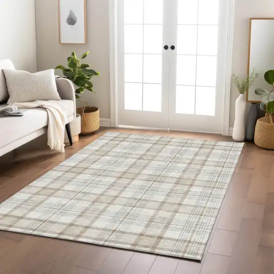Linen And Brown Plaid Washable Indoor Outdoor Area Rug Photo 9