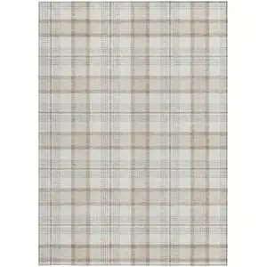 Photo of Linen And Brown Plaid Washable Indoor Outdoor Area Rug