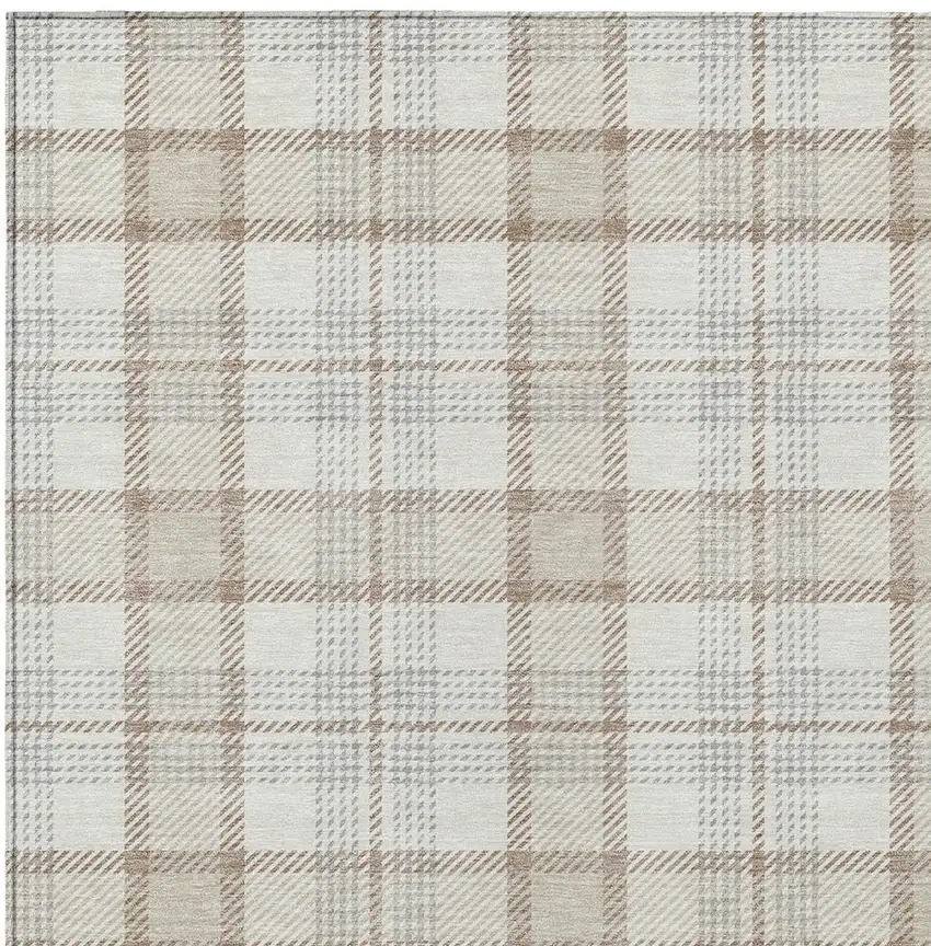 Linen And Brown Plaid Washable Indoor Outdoor Area Rug Photo 5