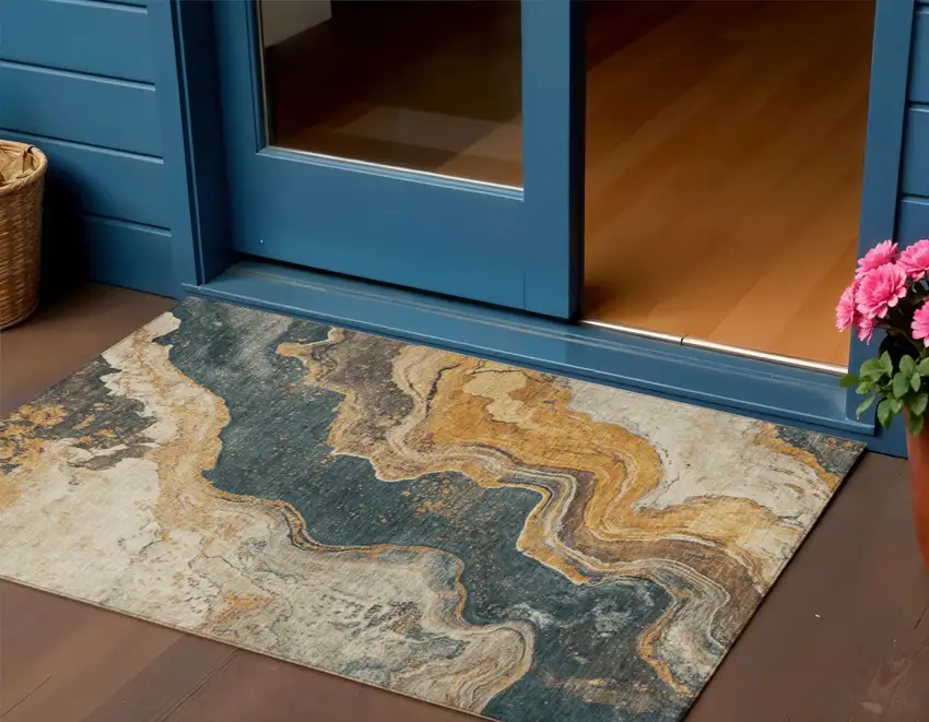 Linen And Charcoal Abstract Washable Indoor Outdoor Area Rug Photo 2