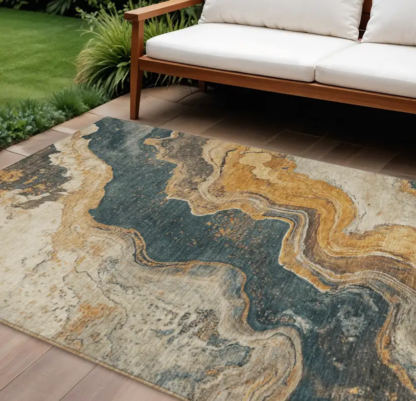 Linen And Charcoal Abstract Washable Indoor Outdoor Area Rug Photo 2