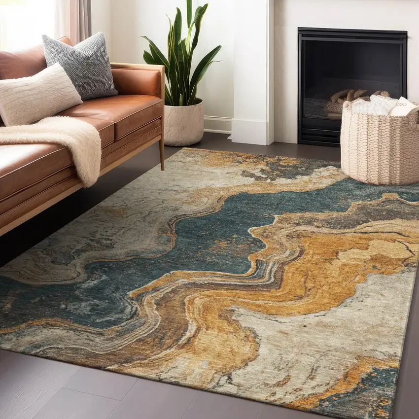 Linen And Charcoal Abstract Washable Indoor Outdoor Area Rug Photo 5