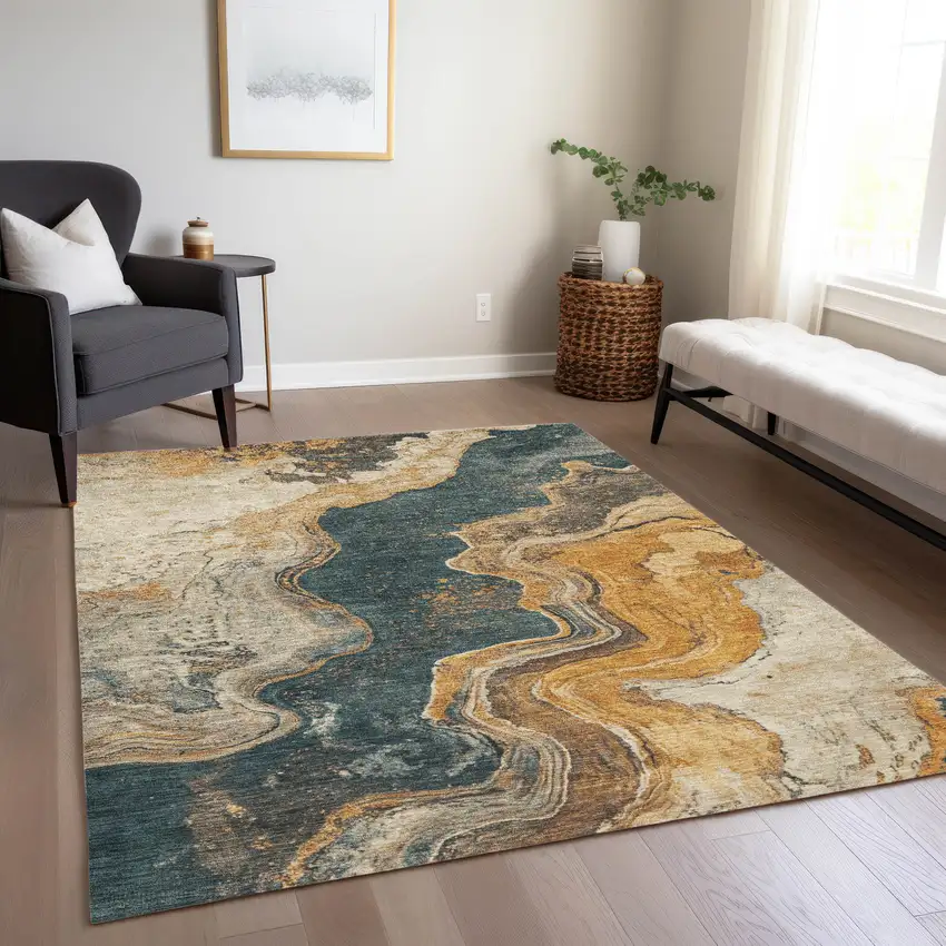 Linen And Charcoal Abstract Washable Indoor Outdoor Area Rug Photo 6