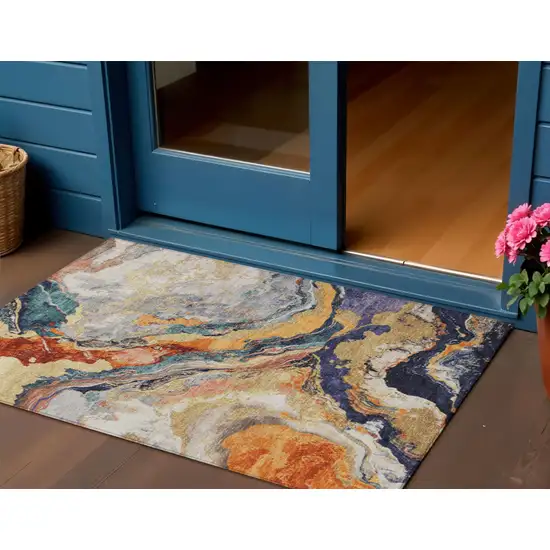 Linen And Charcoal Abstract Washable Indoor Outdoor Area Rug Photo 2