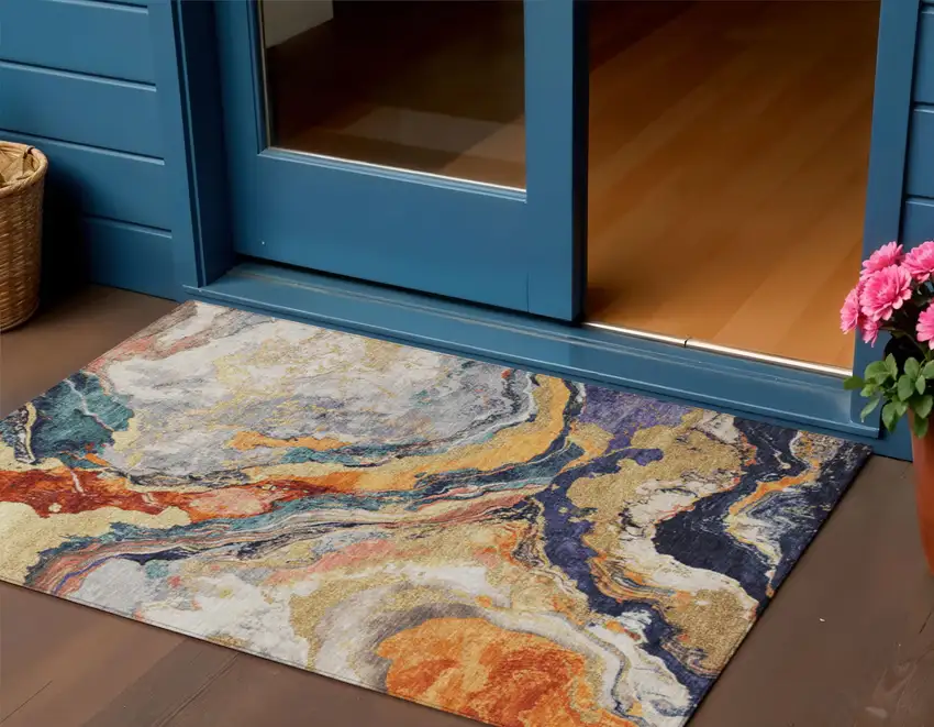 Linen And Charcoal Abstract Washable Indoor Outdoor Area Rug Photo 2