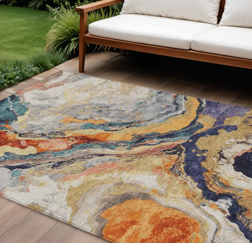 Linen And Charcoal Abstract Washable Indoor Outdoor Area Rug Photo 2