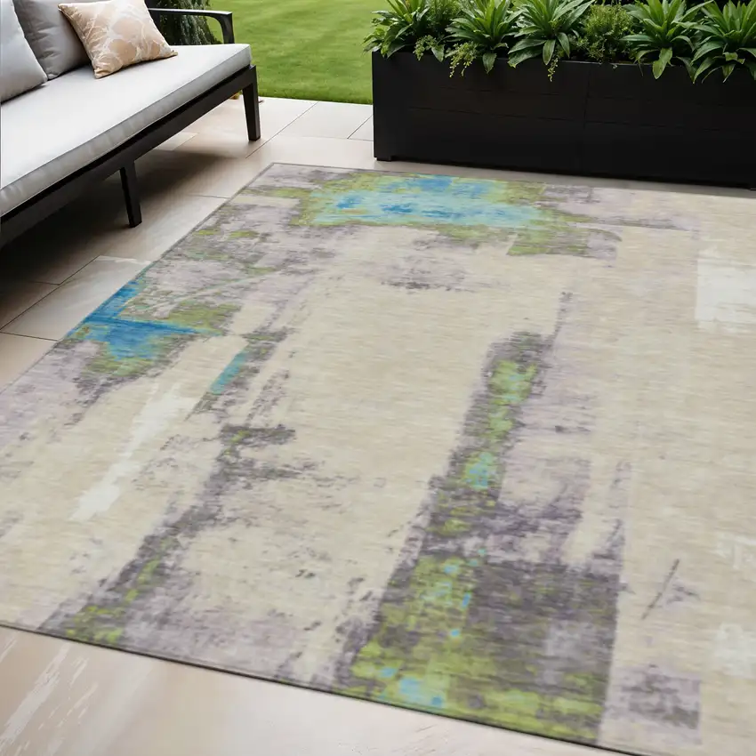 Linen And Fern Green Abstract Washable Indoor Outdoor Area Rug Photo 2