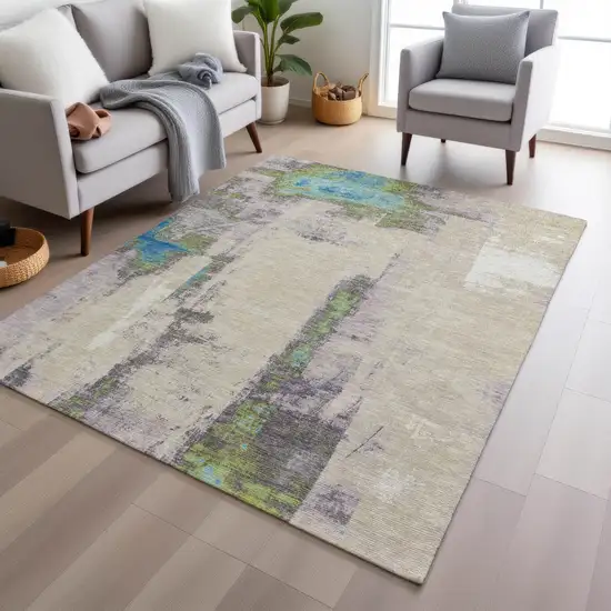 Linen And Fern Green Abstract Washable Indoor Outdoor Area Rug Photo 6