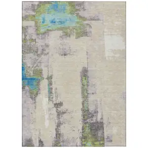 Photo of Linen And Fern Green Abstract Washable Indoor Outdoor Area Rug