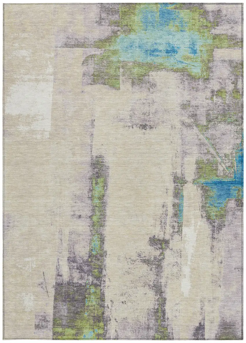 Linen And Fern Green Abstract Washable Indoor Outdoor Area Rug Photo 8