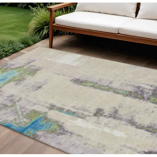 Linen And Fern Green Abstract Washable Indoor Outdoor Area Rug Photo 2
