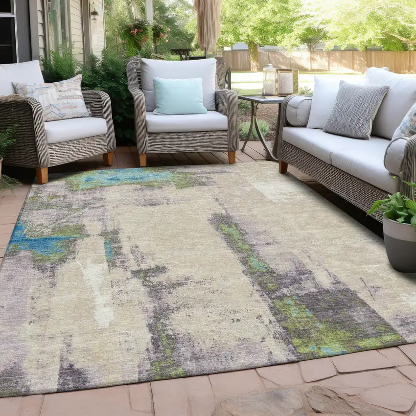 Linen And Fern Green Abstract Washable Indoor Outdoor Area Rug Photo 4