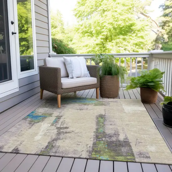 Linen And Fern Green Abstract Washable Indoor Outdoor Area Rug Photo 8