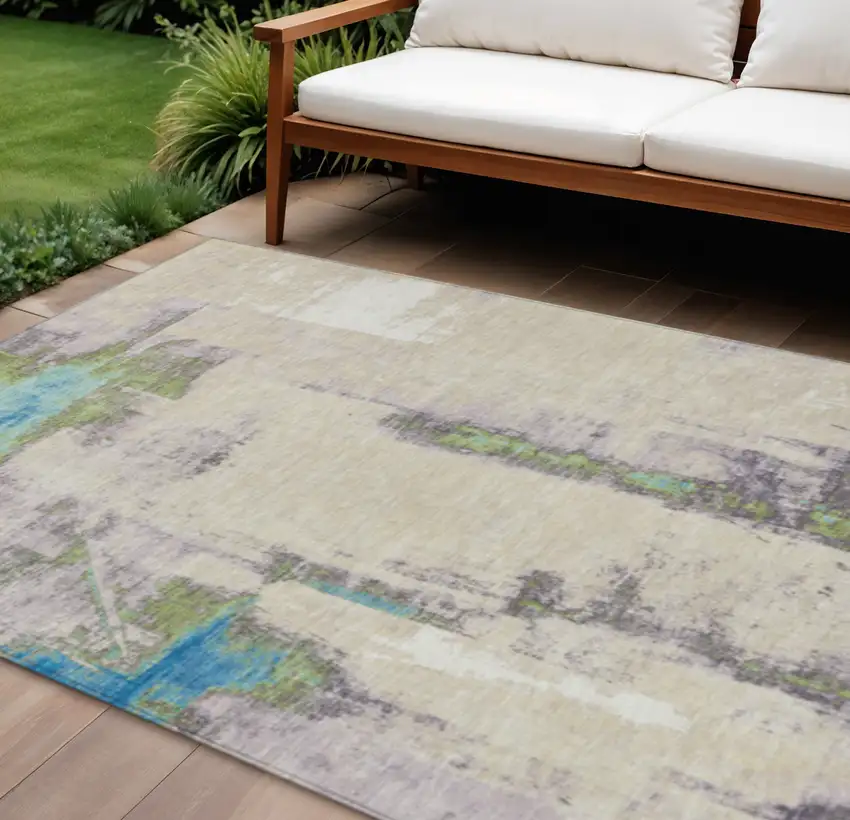 Linen And Fern Green Abstract Washable Indoor Outdoor Area Rug Photo 2