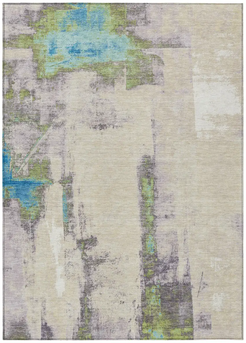 Linen And Fern Green Abstract Washable Indoor Outdoor Area Rug Photo 1