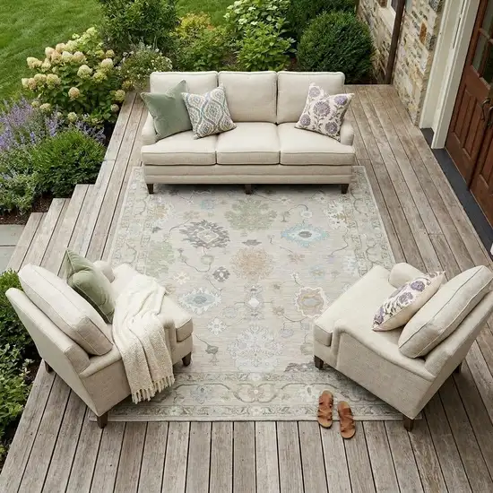 Linen And Fern Green Oriental Washable Indoor Outdoor Area Rug Photo 1