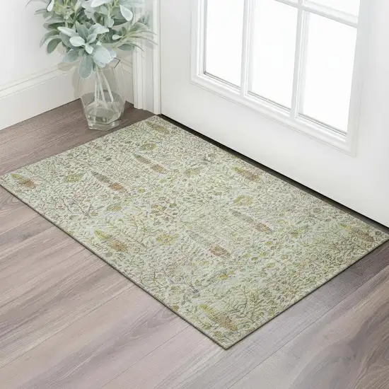 Linen And Gold Floral Vines Washable Area Rug With UV Protection Photo 2