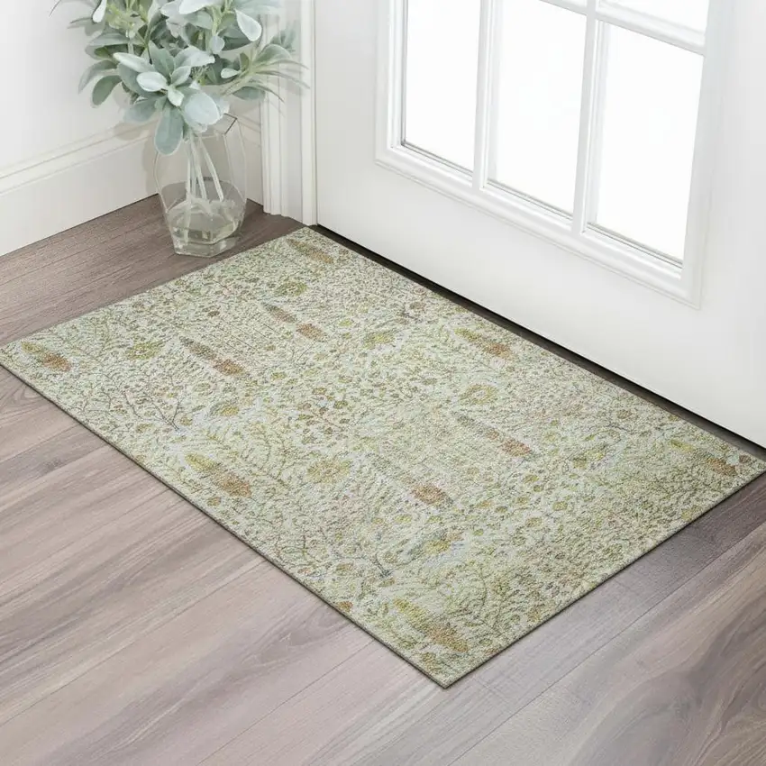 Linen And Gold Floral Vines Washable Area Rug With UV Protection Photo 2